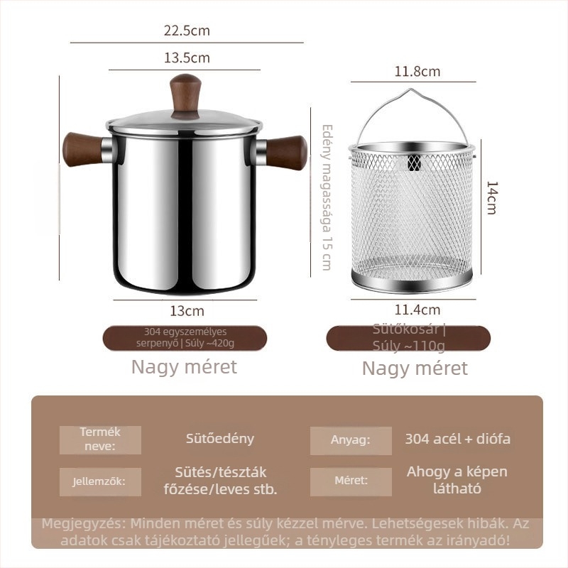 304 rozsdamentes acél fritőz háztartási méretű, kis méretű, diófa fedővel, mély olajsütő edény