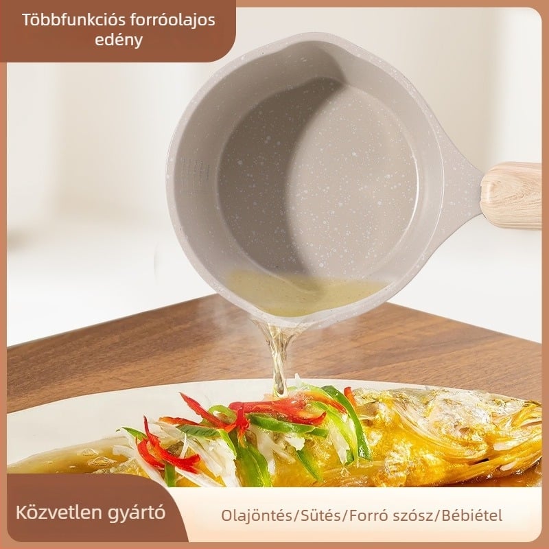 Maifan kőből készült tapadásmentes serpenyő mély aljjal; kis tejfőző fazék és mini serpenyő