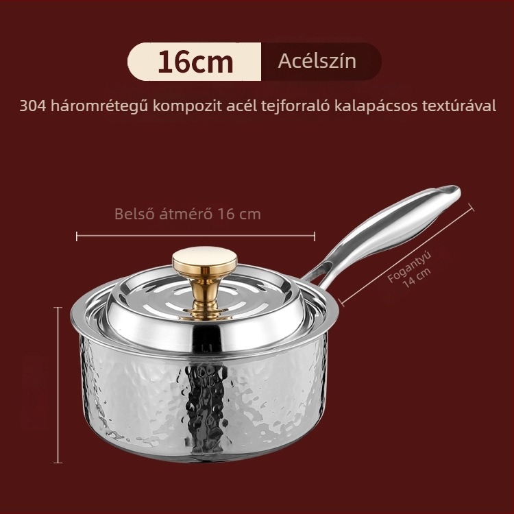 304 rozsdamentes acél, japán stílusú tejfőző tál, leveshez, forró fazékhoz és tésztához, egykarral, háromrétegű kalapácsos felület, bevonat nélkül