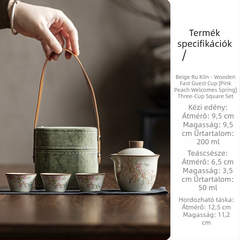 Gongfu teáskészlet utazáshoz kerámiából, három csészével, bézs Ru kiln bevonattal, hordozható, tavaszi rózsaszín barack stílusban