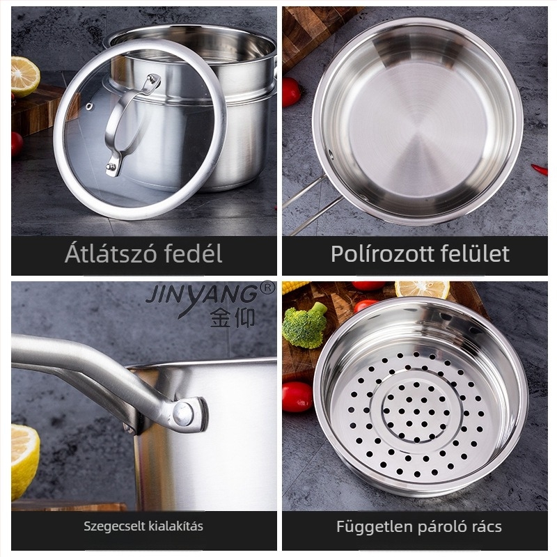 304 rozsdamentes acél tejfőző fazék koreai stílusú dupla alappal, egykezes fogantyúval, tapadásmentes, üvegfedő, kétszintes pároló
