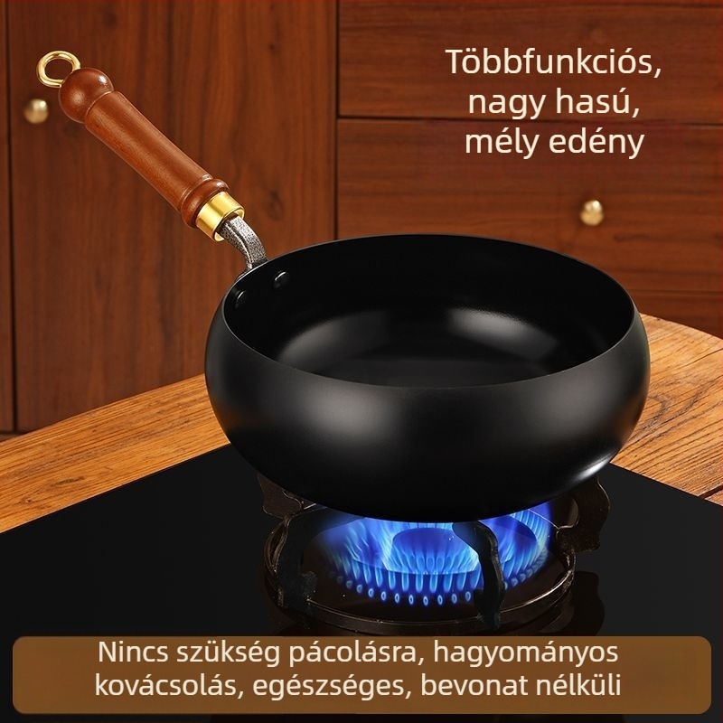 Nagy hasú vas wok a háztartási konyhához, mély, tapadásmentes, kínai hagyományos stílus