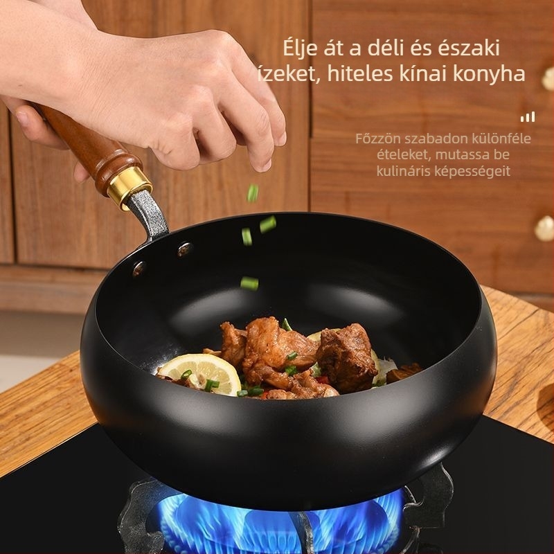 Nagy hasú vas wok a háztartási konyhához, mély, tapadásmentes, kínai hagyományos stílus
