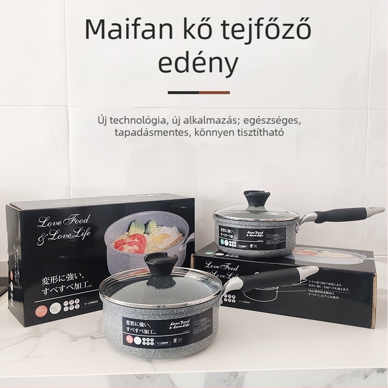 Maifan kő tejes lábas színes dobozban, egykezes nyéllel, tapadásmentes alumíniumötvözet, kettős alj, vastított, tészta- és leveslábas, 18/20 cm