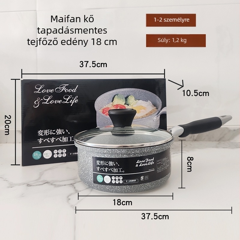Maifan kő tejes lábas színes dobozban, egykezes nyéllel, tapadásmentes alumíniumötvözet, kettős alj, vastított, tészta- és leveslábas, 18/20 cm