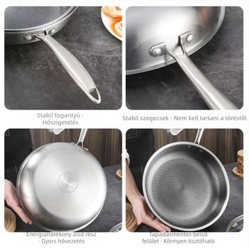 304 rozsdamentes acélból készült, kétoldalas serpenyő méhsejt-aljzattal, bevonat nélkül, tapadásmentes, otthoni használatra, 32 cm, kompatibilis gáz- és indukciós főzőfelülettel