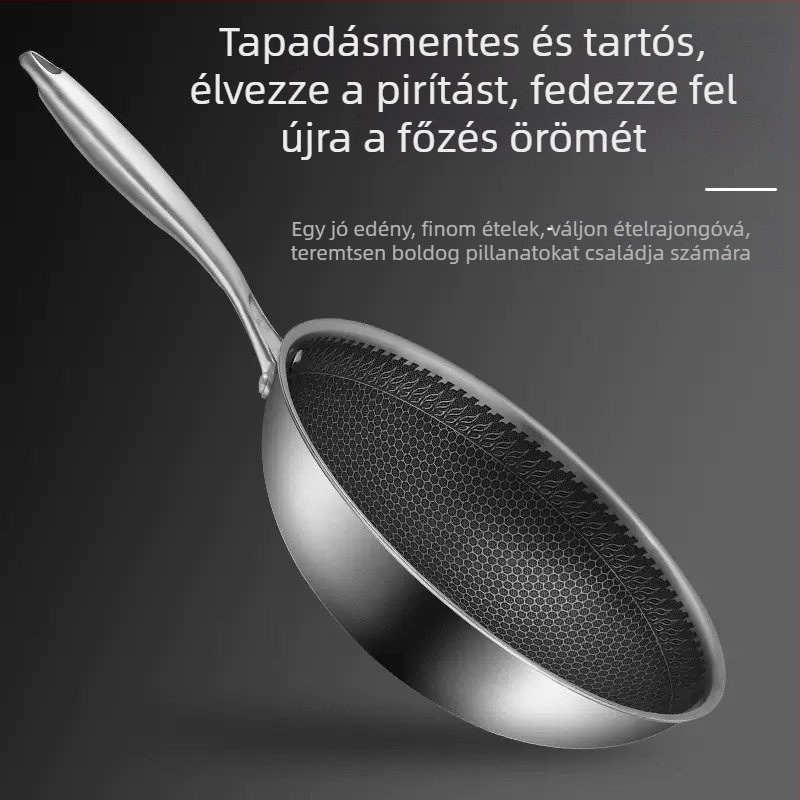 Vastagított rozsdamentes acél wok méhsejt aljzattal, tapadásmentes, indukciós sütőhöz, többfunkciós
