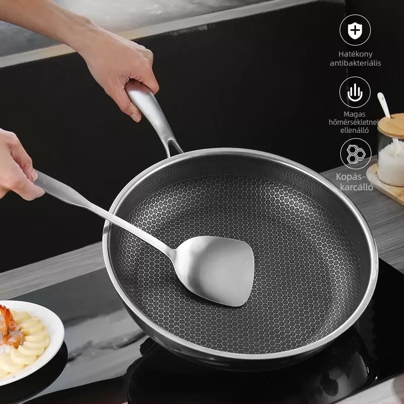 Vastagított rozsdamentes acél wok méhsejt aljzattal, tapadásmentes, indukciós sütőhöz, többfunkciós