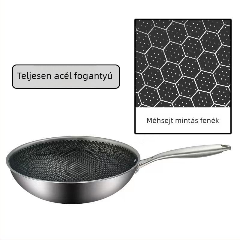 Vastagított rozsdamentes acél wok méhsejt aljzattal, tapadásmentes, indukciós sütőhöz, többfunkciós