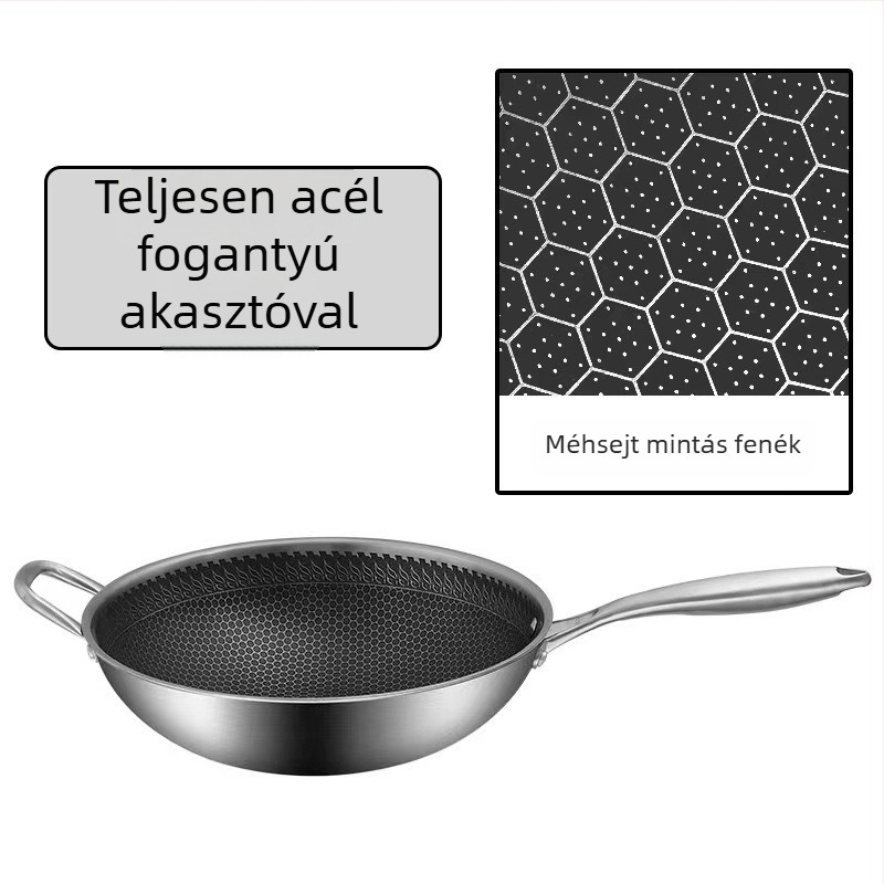 Vastagított rozsdamentes acél wok méhsejt aljzattal, tapadásmentes, indukciós sütőhöz, többfunkciós
