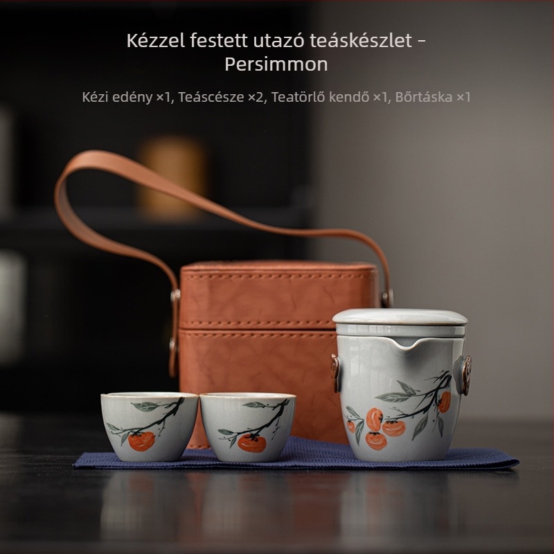 Új kínai stílusú kézzel festett kerámia utazó teás készlet, kempingezéshez és autóba — egy teáskanna és két csésze, hordozható