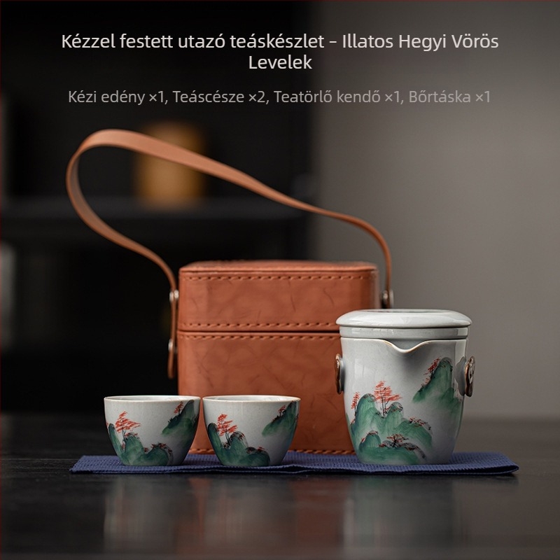 Új kínai stílusú kézzel festett kerámia utazó teás készlet, kempingezéshez és autóba — egy teáskanna és két csésze, hordozható