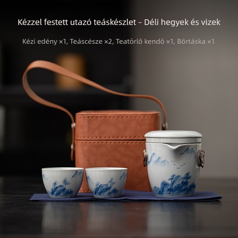 Új kínai stílusú kézzel festett kerámia utazó teás készlet, kempingezéshez és autóba — egy teáskanna és két csésze, hordozható