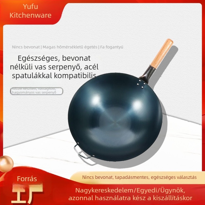Tradicionális öntöttvas wok, kör alakú aljzattal, bevonat nélkül, háztartási és professzionális használatra