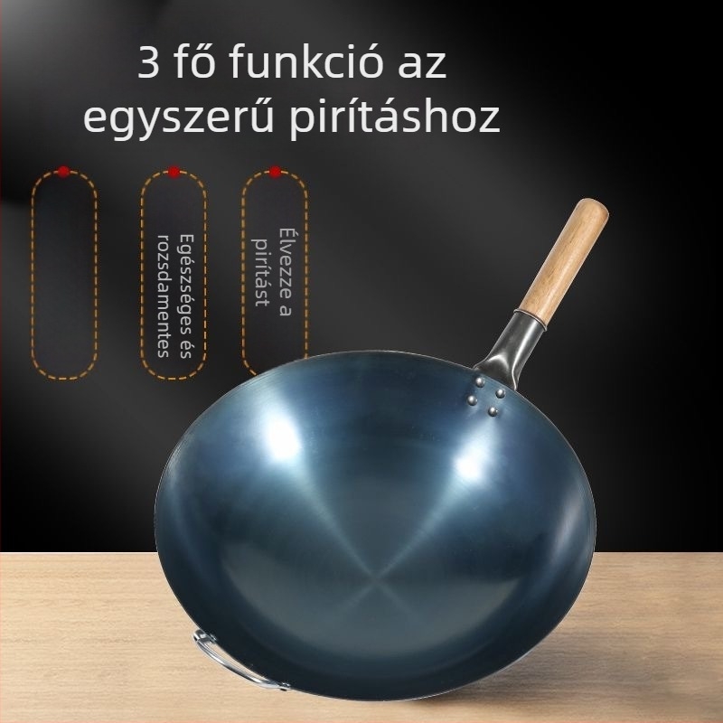 Tradicionális öntöttvas wok, kör alakú aljzattal, bevonat nélkül, háztartási és professzionális használatra