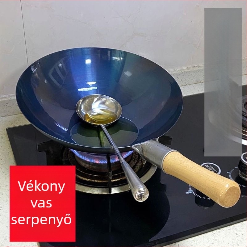 Tradicionális öntöttvas wok, kör alakú aljzattal, bevonat nélkül, háztartási és professzionális használatra