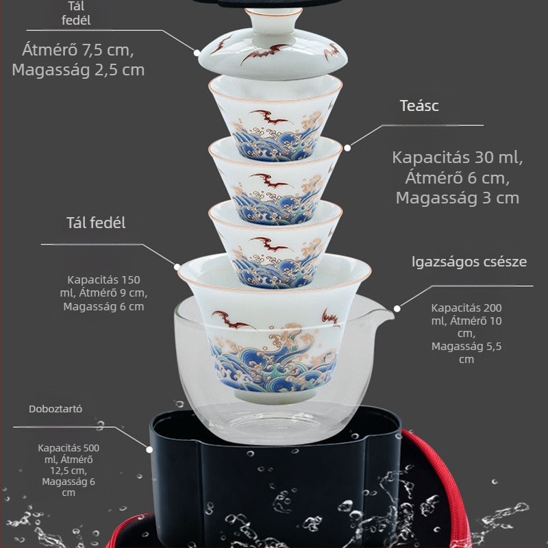Fehér porcelán utazási teáskészlet egy teáskannával és három pohárral, hordozható tokban