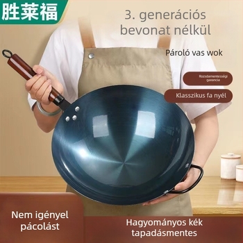 Öntöttvas wok, hagyományos kínai stílusú, bevonat nélküli, tapadásmentes, gáztűzhelyhez kompatibilis, otthoni használatra
