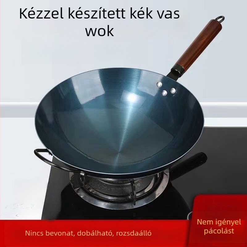 Öntöttvas wok, hagyományos kínai stílusú, bevonat nélküli, tapadásmentes, gáztűzhelyhez kompatibilis, otthoni használatra