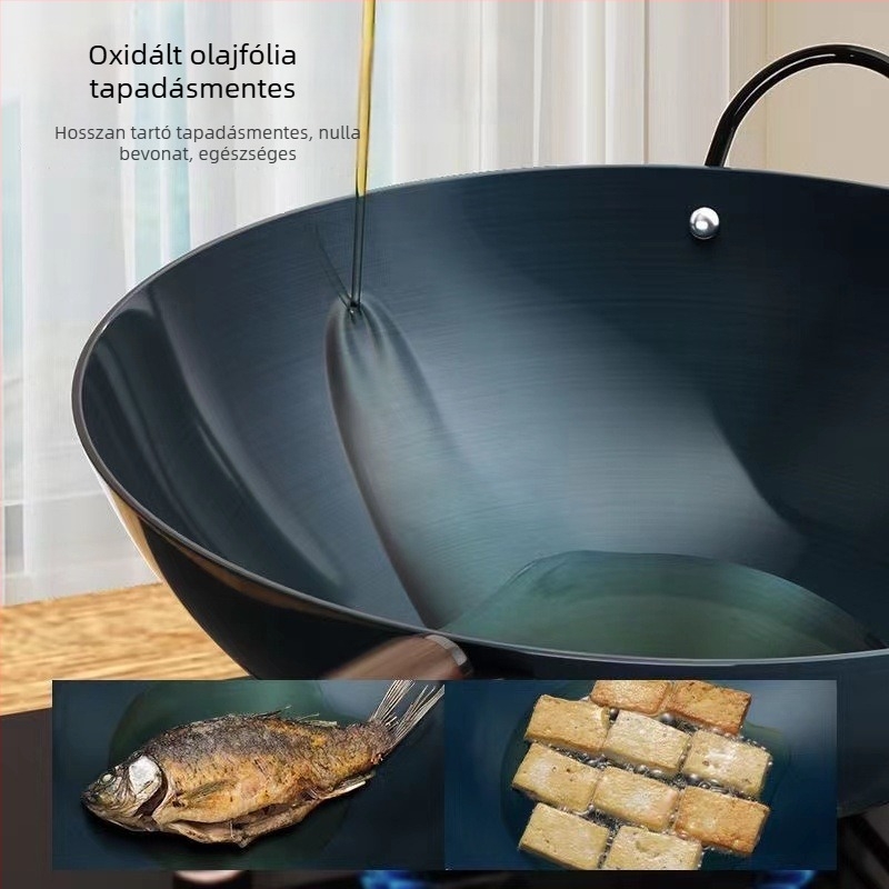 Öntöttvas wok, hagyományos kínai stílusú, bevonat nélküli, tapadásmentes, gáztűzhelyhez kompatibilis, otthoni használatra