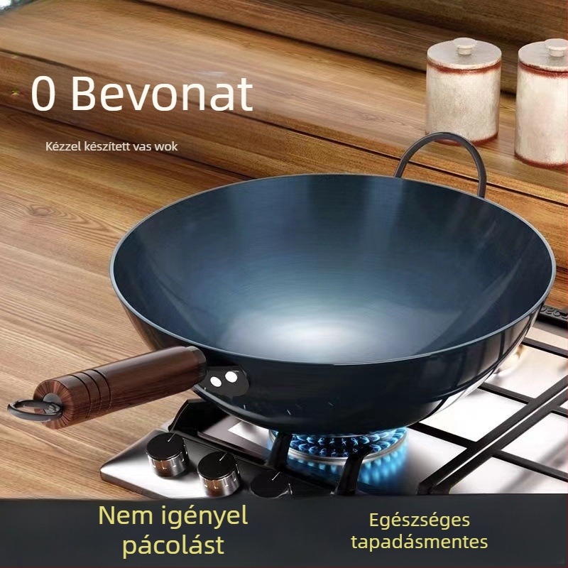 Öntöttvas wok, hagyományos kínai stílusú, bevonat nélküli, tapadásmentes, gáztűzhelyhez kompatibilis, otthoni használatra