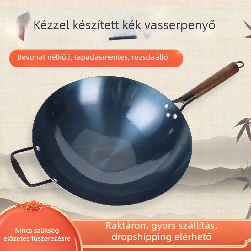 Bevonat nélküli vas wok, két füllel, kerek aljjal, gáztűzhelyhez, otthoni használatra