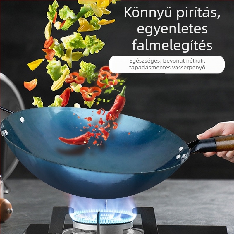 Bevonat nélküli vas wok, két füllel, kerek aljjal, gáztűzhelyhez, otthoni használatra