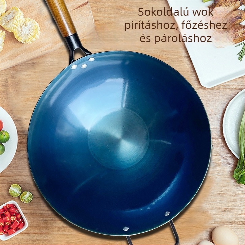 Bevonat nélküli vas wok, két füllel, kerek aljjal, gáztűzhelyhez, otthoni használatra