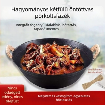 Hagyományos kétfülű öntöttvas edény, vastag, kör alakú alappal, mélyebb főzőedény és serpenyő, nagy kapacitású, bevonat nélküli, tapadásmentes.