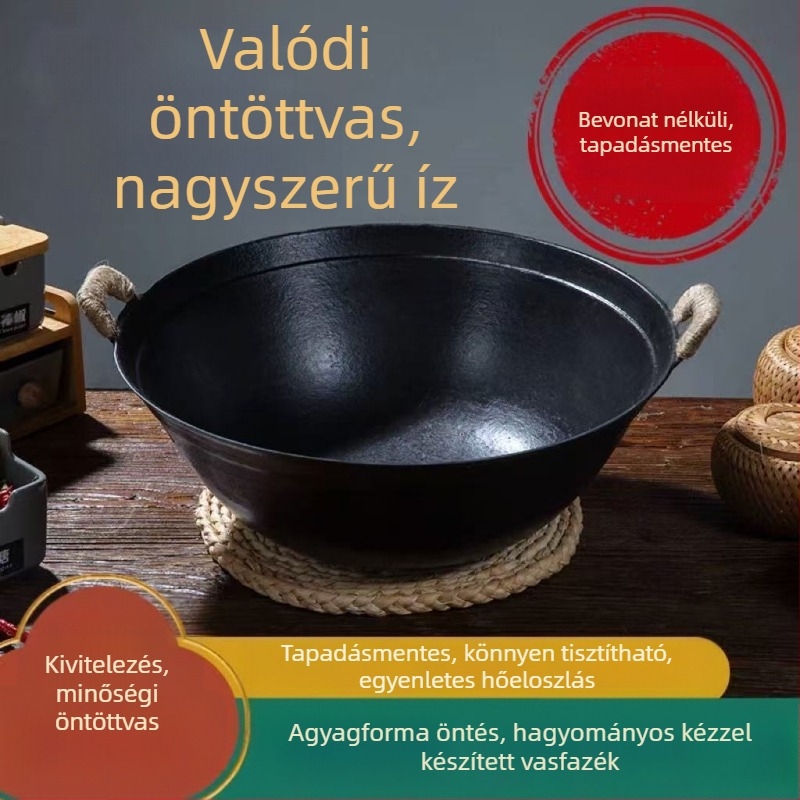 Hagyományos kétfülű öntöttvas edény, vastag, kör alakú alappal, mélyebb főzőedény és serpenyő, nagy kapacitású, bevonat nélküli, tapadásmentes.