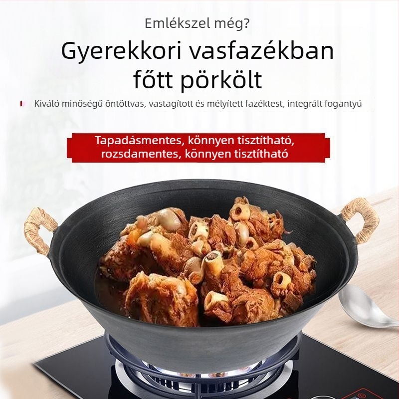 Hagyományos kétfülű öntöttvas edény, vastag, kör alakú alappal, mélyebb főzőedény és serpenyő, nagy kapacitású, bevonat nélküli, tapadásmentes.