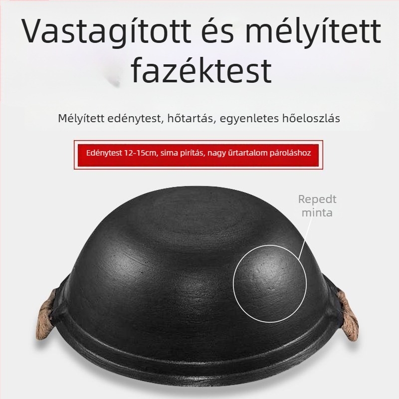 Hagyományos kétfülű öntöttvas edény, vastag, kör alakú alappal, mélyebb főzőedény és serpenyő, nagy kapacitású, bevonat nélküli, tapadásmentes.