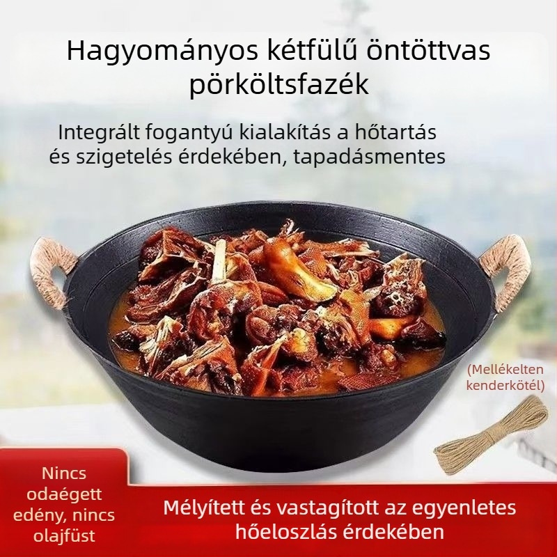 Hagyományos kétfülű öntöttvas edény, vastag, kör alakú alappal, mélyebb főzőedény és serpenyő, nagy kapacitású, bevonat nélküli, tapadásmentes.