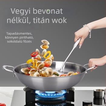 Titániumötvözetből készült wok, kalapács mintázatú felület, bevonat nélküli, 36 cm átmérőjű