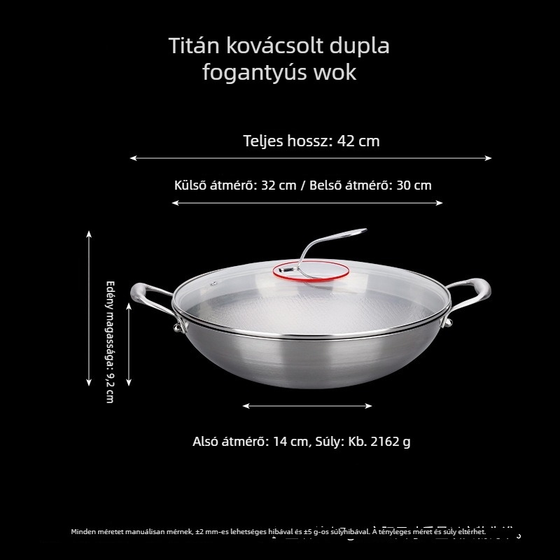 Titániumötvözetből készült wok, kalapács mintázatú felület, bevonat nélküli, 36 cm átmérőjű