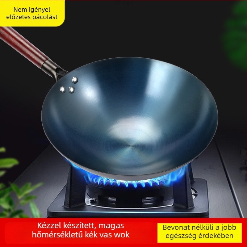 Kovácsolt vas wok sütéshez, otthoni és kereskedelmi használatra, gáztűzhelyhez kompatibilis, rozsdamentes acél fedő üvegablakkal