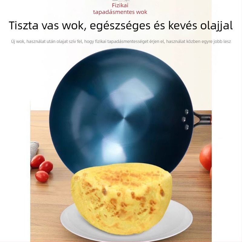 Kovácsolt vas wok sütéshez, otthoni és kereskedelmi használatra, gáztűzhelyhez kompatibilis, rozsdamentes acél fedő üvegablakkal