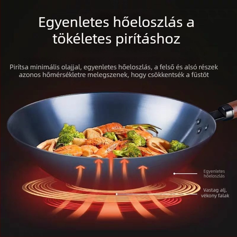 Kovácsolt vas wok sütéshez, otthoni és kereskedelmi használatra, gáztűzhelyhez kompatibilis, rozsdamentes acél fedő üvegablakkal