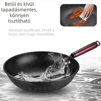 Sík aljú vas wok, fa fogantyúval, Maifan kő bevonattal, tapadásmentes, indukciós tűzhelyhez
