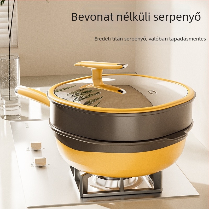 Titánium mély, négyszögletes serpenyő, két színű, tapadásmentes bevonattal, olajmentes, füstmentes, háztartási lapos serpenyő, titán kő-öntvény felület