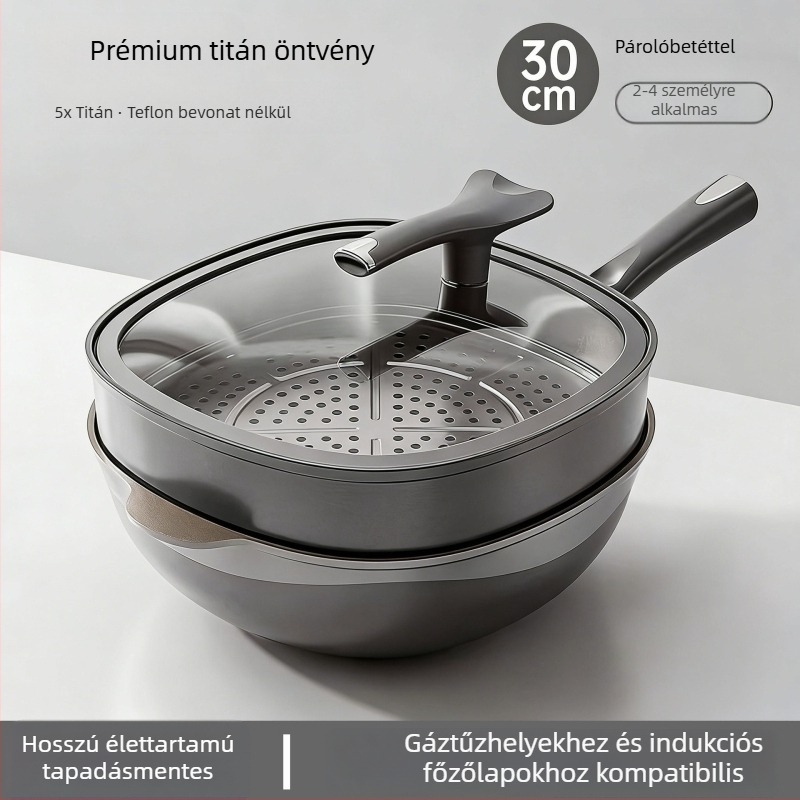 Titánium mély, négyszögletes serpenyő, két színű, tapadásmentes bevonattal, olajmentes, füstmentes, háztartási lapos serpenyő, titán kő-öntvény felület