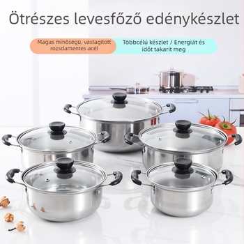 Rozsdamentes acélból készült öt darabos leveskészlet, méretek 16/18/20/22/24 cm, egyszerű alj