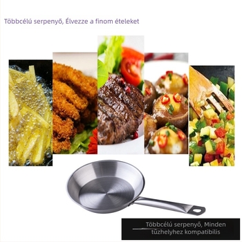 Rozsdamentes acélból készült serpenyő kettős aljjal, satírozott felülettel, sík alj, bevonat nélkül.