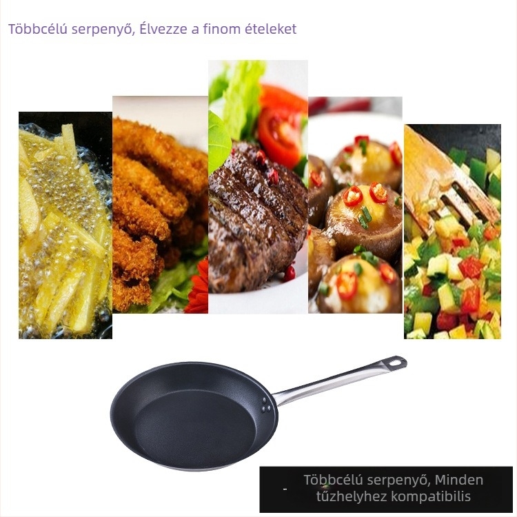 Rozsdamentes acélból készült serpenyő kettős aljjal, satírozott felülettel, sík alj, bevonat nélkül.