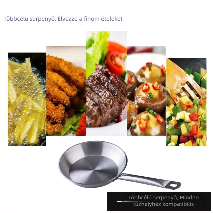 Rozsdamentes acélból készült serpenyő kettős aljjal, satírozott felülettel, sík alj, bevonat nélkül.