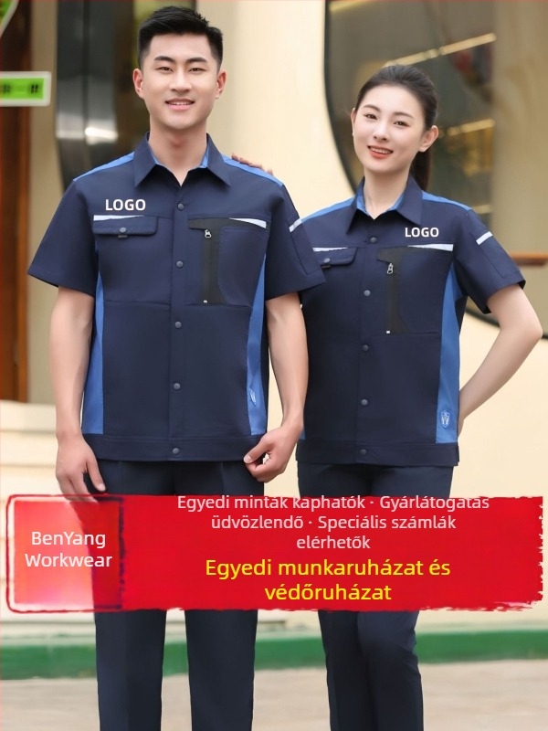 Rövid ujjú anti-sztatikus munkaruha, testreszabható, rugalmas és kényelmes műhelyhez, hímzett nyári poliészter-pamut anyagú felső