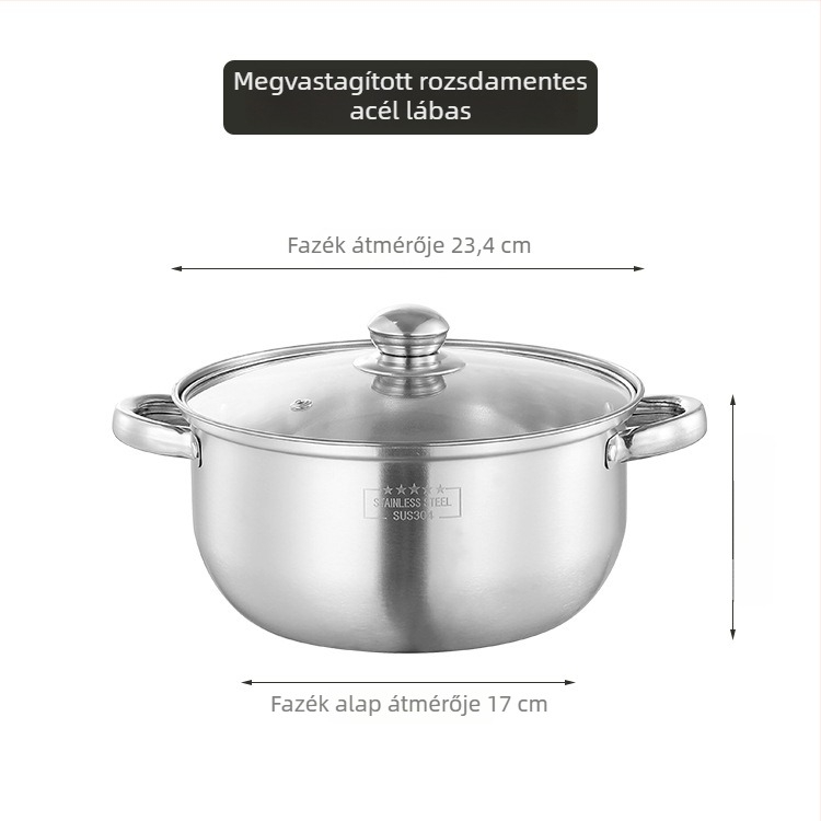 24 cm-es rozsdamentes acél leveses fazék, vastag falú, nagy has, 5 L kapacitás
