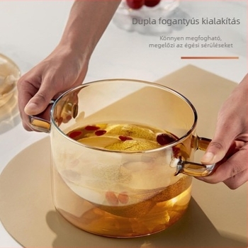 Arany színű boroszilikát üvegből készült leves- és pörkölt edény, használható nyílt lángon és tűzhelyen, magas hőmérséklet-álló, 1,1–2 L