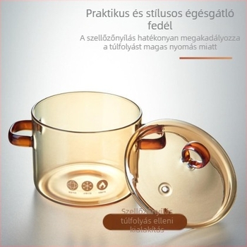 Arany színű boroszilikát üvegből készült leves- és pörkölt edény, használható nyílt lángon és tűzhelyen, magas hőmérséklet-álló, 1,1–2 L