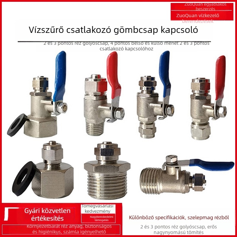 Háromutas golyóscsap vízszűrőhöz, 3/8 hüvelykes belső és külső menet a 1/4 hüvelykes PE csőhöz